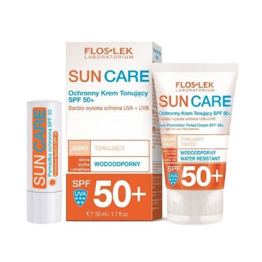 FLOS-LEK SUN CARE Ochronny krem tonujący SPF50+ (jasny) 50 ml + Pomadka ochronna SPF30