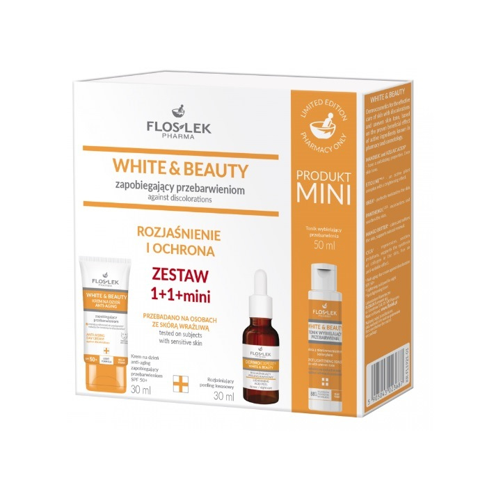 Flos-Lek White&Beauty Zestaw: krem na dzień anti-aging, 30 ml + peeling kwasowy na noc 30 ml + tonik wybielający przebarwienia, 50 ml