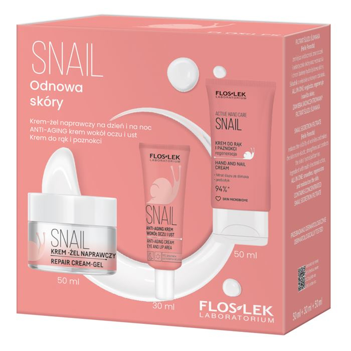FlosLek Snail Odnowa skóry Zestaw: krem-żel naprawczy, 50 ml + krem wokół oczu i ust, 30 ml + krem do rąk, 50ml