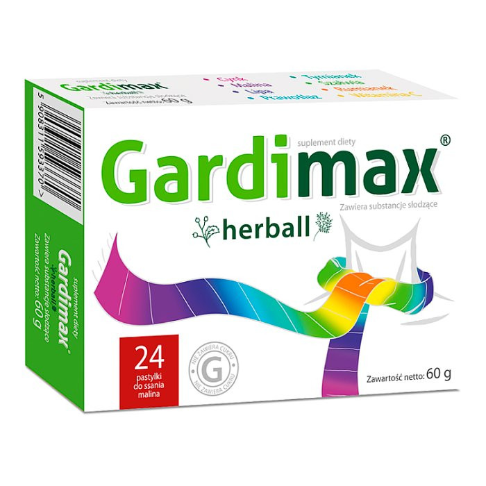 Gardimax Herball pastylki do ssania na gardło o smaku malinowym, 24 szt.