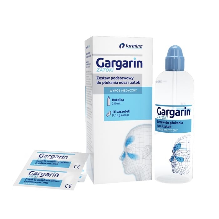 Gargarin Zatoki Zestaw podstawowy do płukania nosa i zatok, 16 saszetek + butelka 240 ml