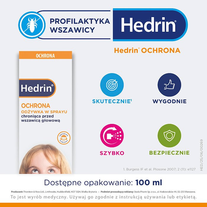 Hedrin Ochrona odżywka w sprayu chroniąca przed wszawicą głowową, 100 ml