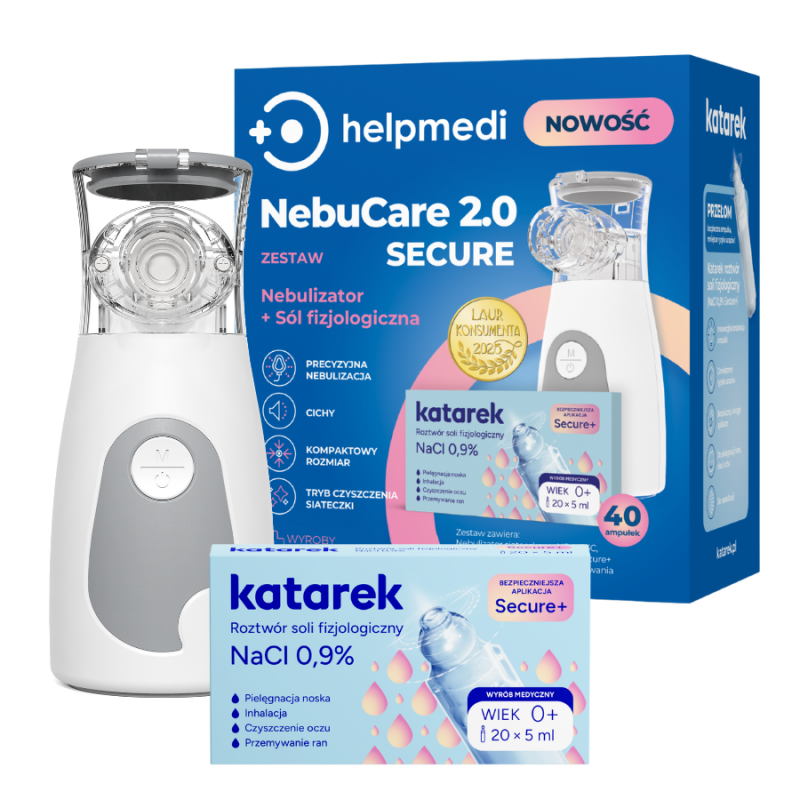 HelpMedi NebuCare 2.0 Secure nebulizator siateczkowy, 1 szt. + Katarek roztwór soli fizjologicznej w ampułkach, 40 szt.