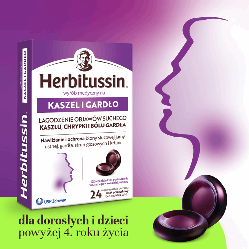 Herbitussin Kaszel i Gardło pastylki miękkie do ssania o smaku porzeczkowym, 24 szt.