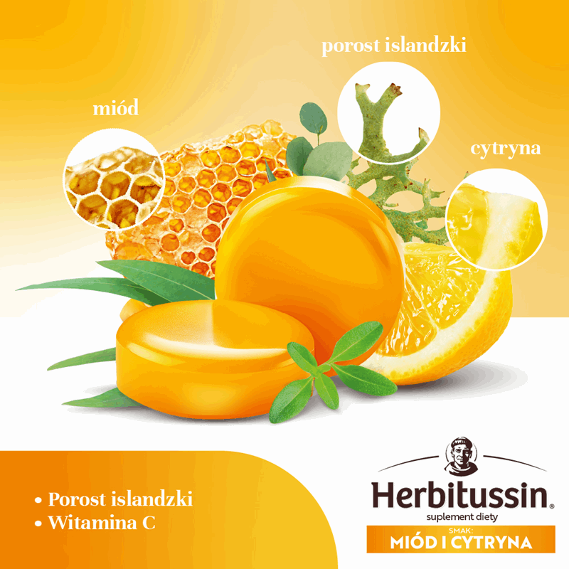 Herbitussin Porost islandzki + Witamina C pastylki do ssania, 12 szt.