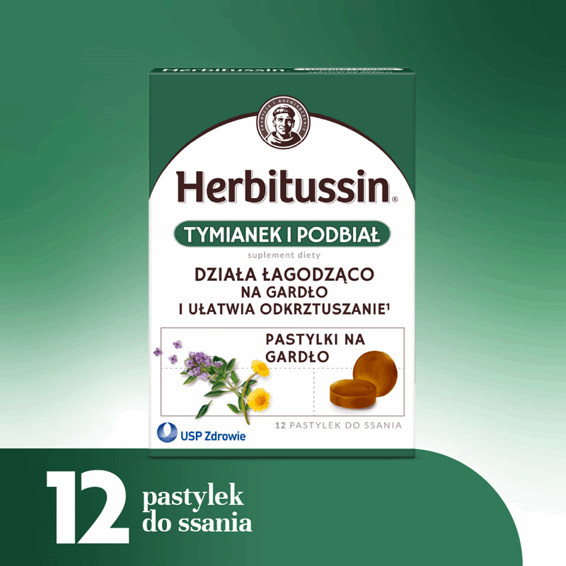 Herbitussin Tymianek i Podbiał pastylki do ssania, 12 szt.