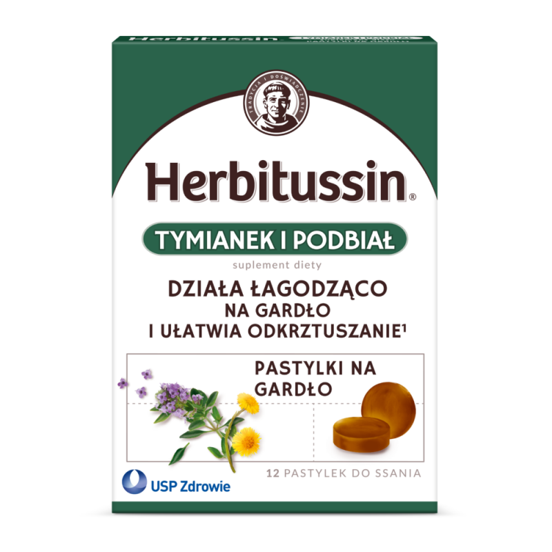 Herbitussin Tymianek i Podbiał pastylki do ssania, 12 szt.