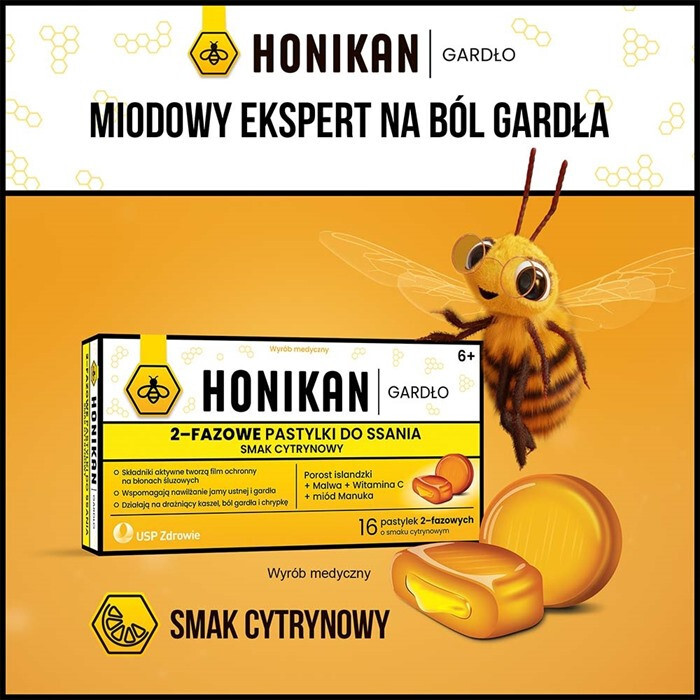 Honikan Gardło 2-fazowe pastylki do ssania o smaku cytrynowym, 16 szt.