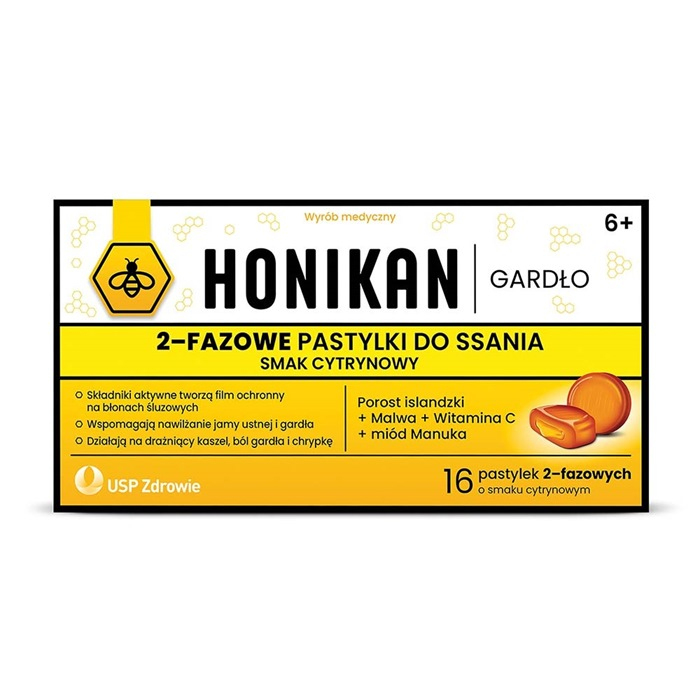 Honikan Gardło 2-fazowe pastylki do ssania o smaku cytrynowym, 16 szt.