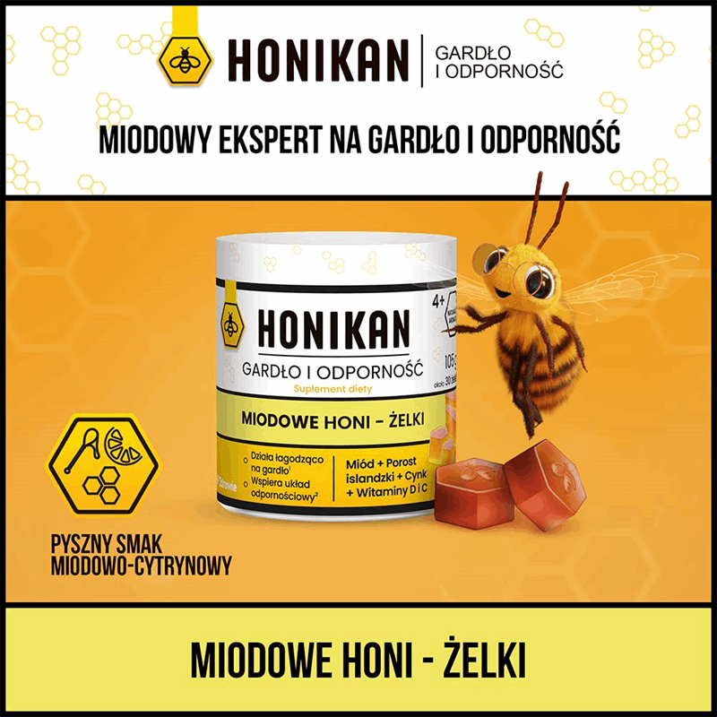 Honikan Gardło i Odporność żelki o smaku miodowo-cytrynowym, 30 szt.