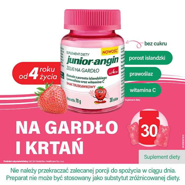 Junior-angin Żelki na gardło o smaku truskawkowym, 30 szt.