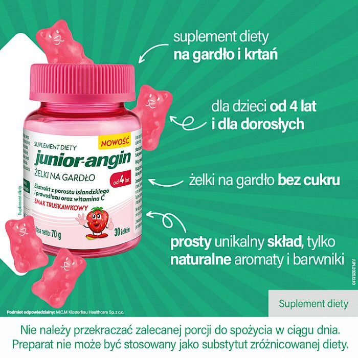Junior-angin Żelki na gardło o smaku truskawkowym, 30 szt.