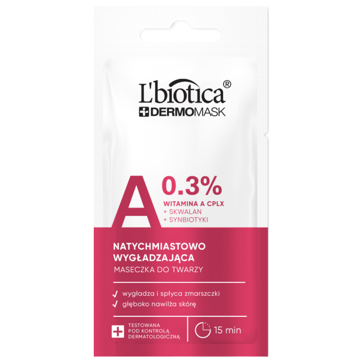 L'Biotica Dermomask Natychmiastowo wygładzająca maseczka do twarzy z witaminą A, 8 ml