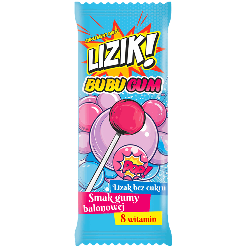 Lizik! Bubugum Lizak bez cukru o smaku gumy balonowej, 1 szt.