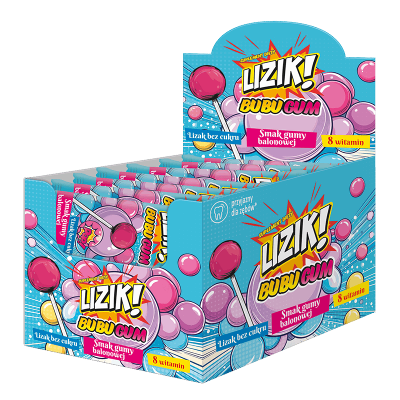 Lizik! Bubugum Lizak bez cukru o smaku gumy balonowej, 30 szt.