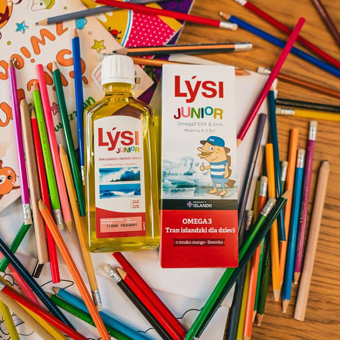 Lysi Tran islandzki dla dzieci o smaku mango-limonka, 240 ml