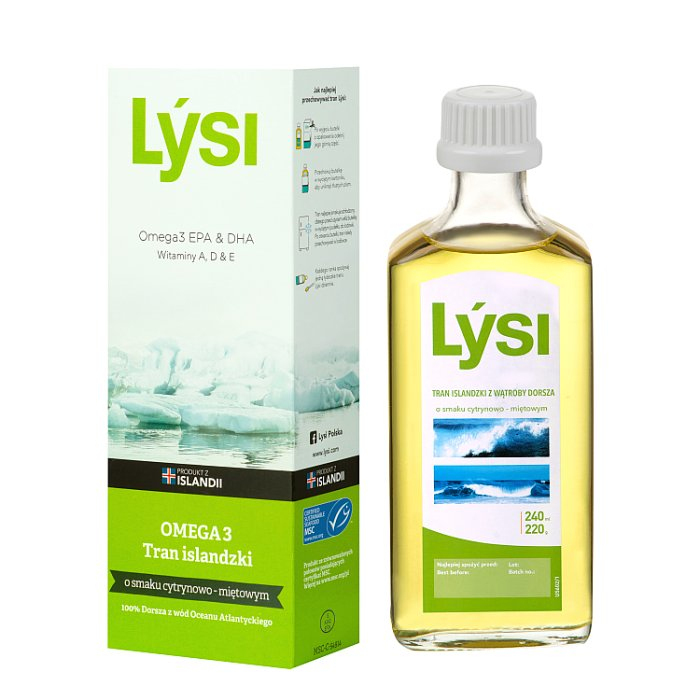 Lysi Tran islandzki o smaku cytryno-miętowym, 240 ml