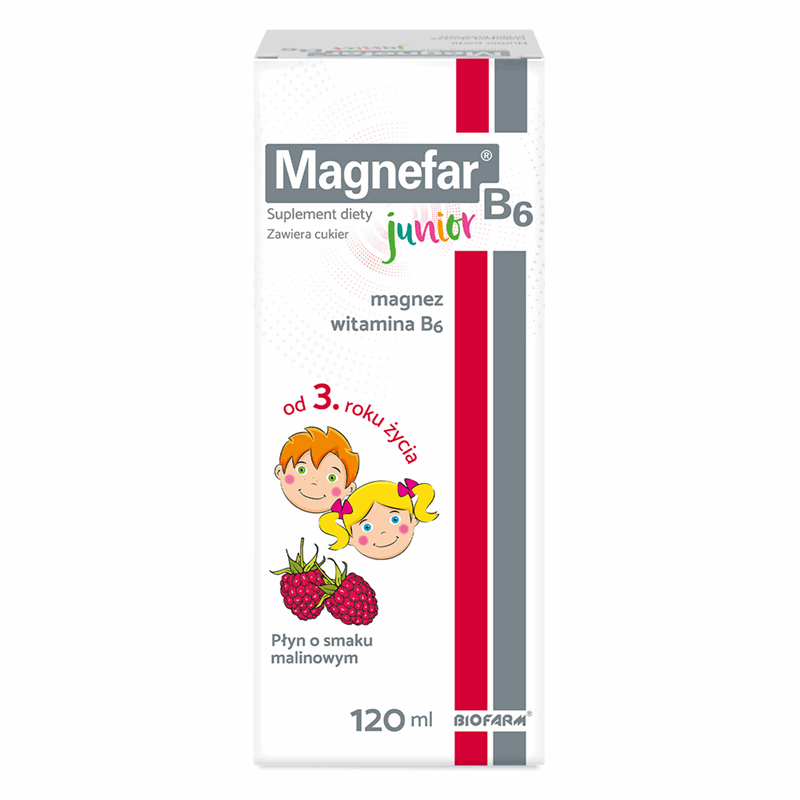Magnefar B6 Junior płyn o smaku malinowym, 120 ml