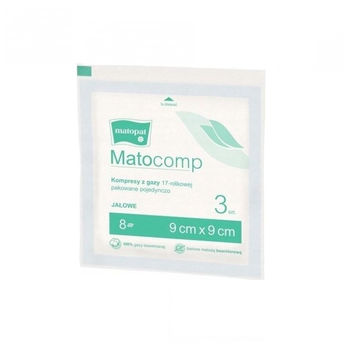 MATOCOMP Kompresy gazowe, jałowe 17 nitek 8 warstw 9cm x 9cm 3 szt.