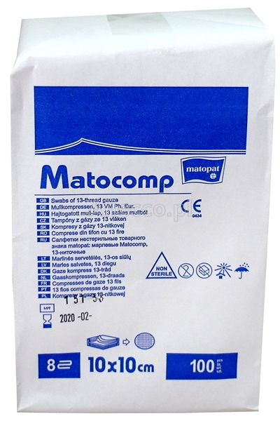 MATOCOMP Kompresy gazowe, niejałowe 13 nitek 8 warstw 10cm x 10cm 100 szt.