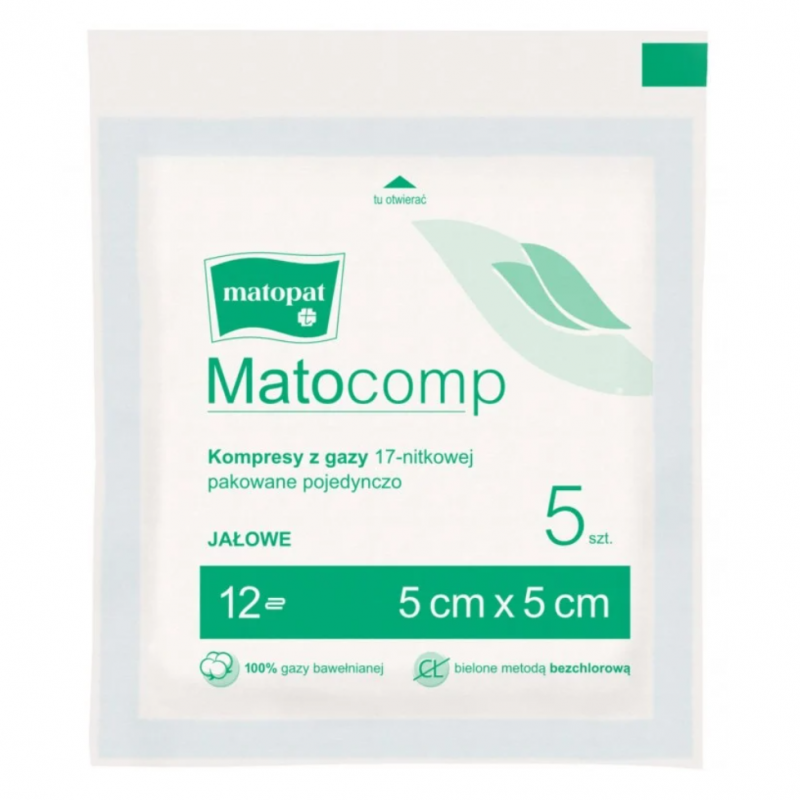 Matocomp Kompresy jałowe z gazy 17-nitkowe 12-warstwowe 5 cm x 5 cm, 5 szt.