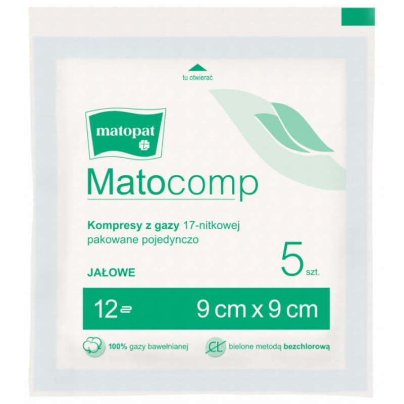 Matocomp Kompresy jałowe z gazy 17-nitkowe 12-warstwowe 9 cm x 9 cm, 5 szt.