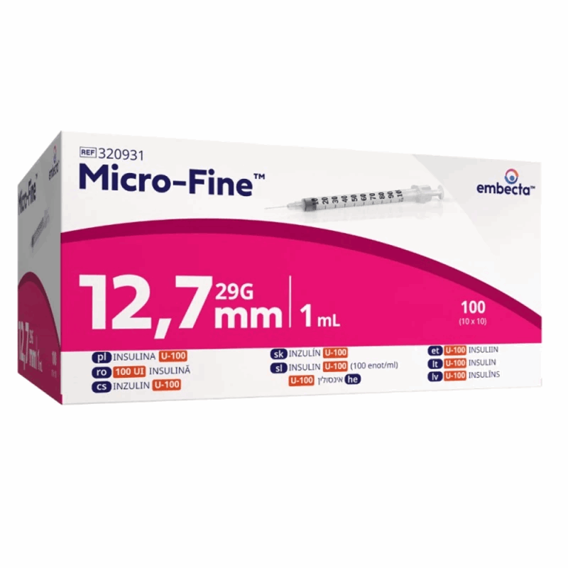 Micro-Fine Strzykawka insulinowa 1 ml z igłą 29G 0,33 mm x 12,7 mm, 100 szt.
