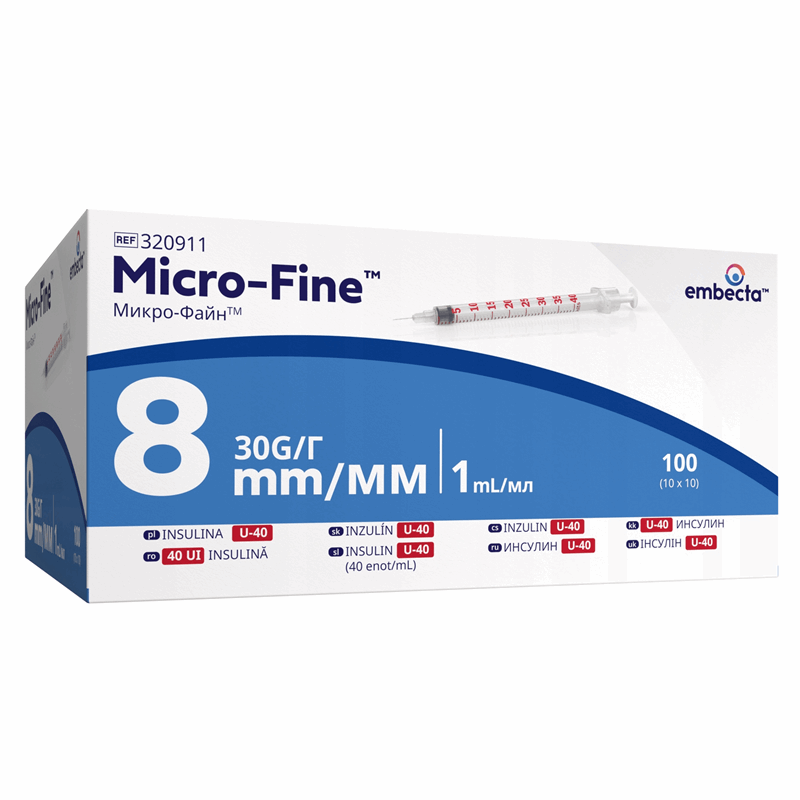 Micro-Fine Strzykawka insulinowa 1 ml z igłą 30G (0,30 mm) x 8 mm, 100 szt.