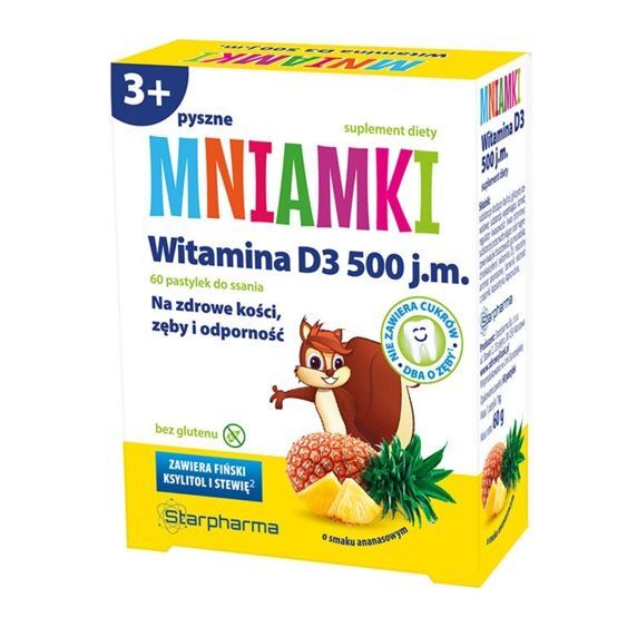 Mniamki Witamina D3 500 j.m. pastylki do ssania o smaku ananasowym, 60 szt.