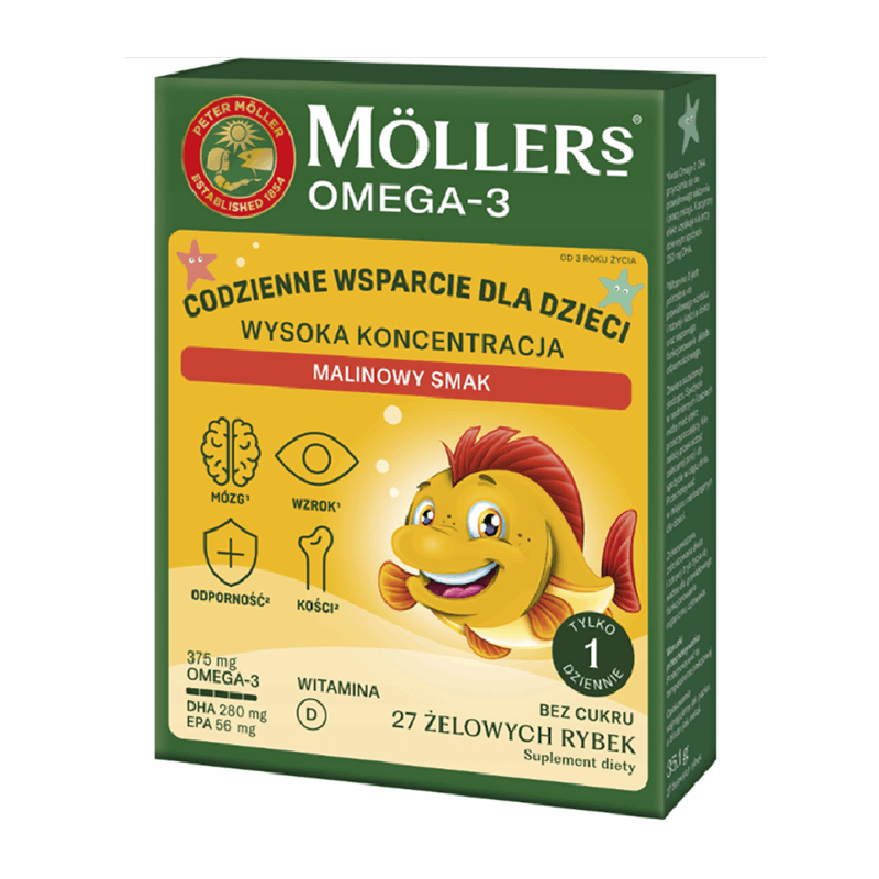 Mollers Omega-3 Wysoka Koncentracja żelki o smaku malinowym, 27 szt.