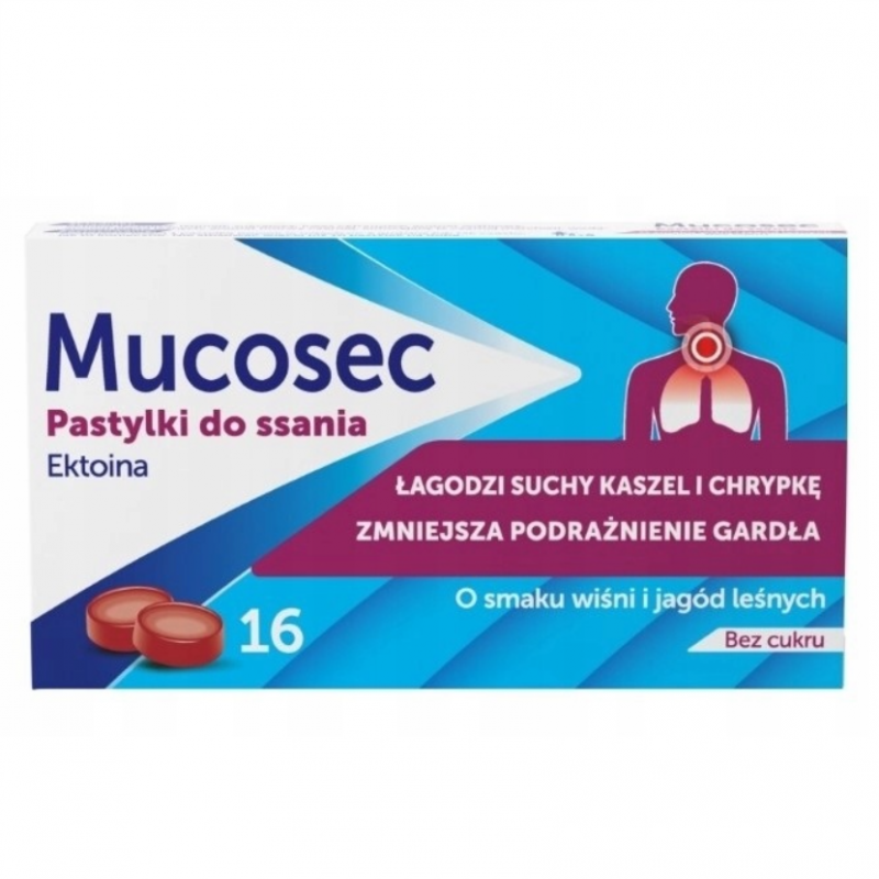 Mucosec pastylki do ssania z ektoiną o smaku wiśni i jagody, 16 szt.