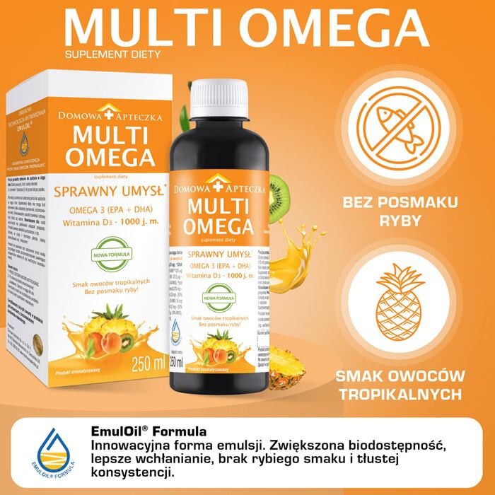 MultiOmega płyn o smaku owoców tropikalnych, 250 ml