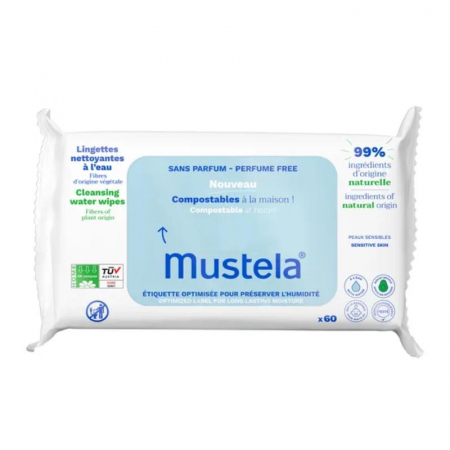 Mustela Chusteczki nawilżane z wodą kompostowalne, 60 szt.