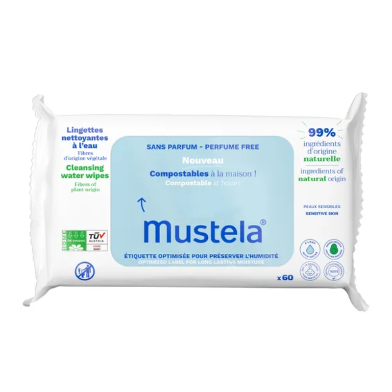 Mustela Chusteczki nawilżane z wodą kompostowalne, 60 szt.