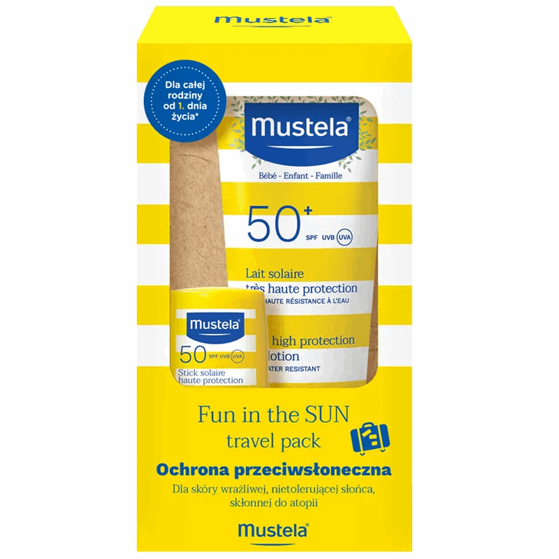 Mustela Fun In The Sun Travel Pack Zestaw (mleczko przeciwsłoneczne SPF 50+, 40 ml + sztyft przeciwsłoneczny SPF 50, 9 ml), 1 szt.