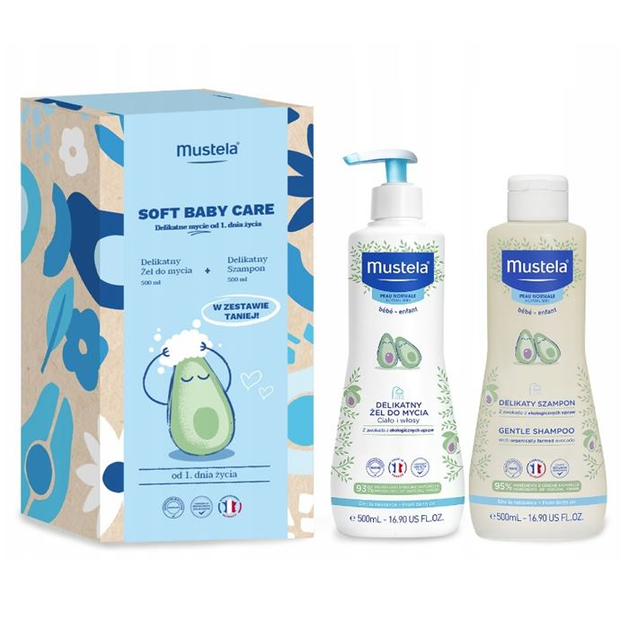 Mustela Soft Baby Care zestaw Delikatne mycie: Żel do mycia, 500 ml + Szampon, 500 ml