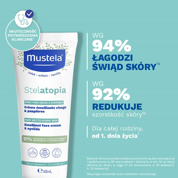 Mustela Stelatopia krem emolientowy do twarzy na skórę atopową, 40 ml
