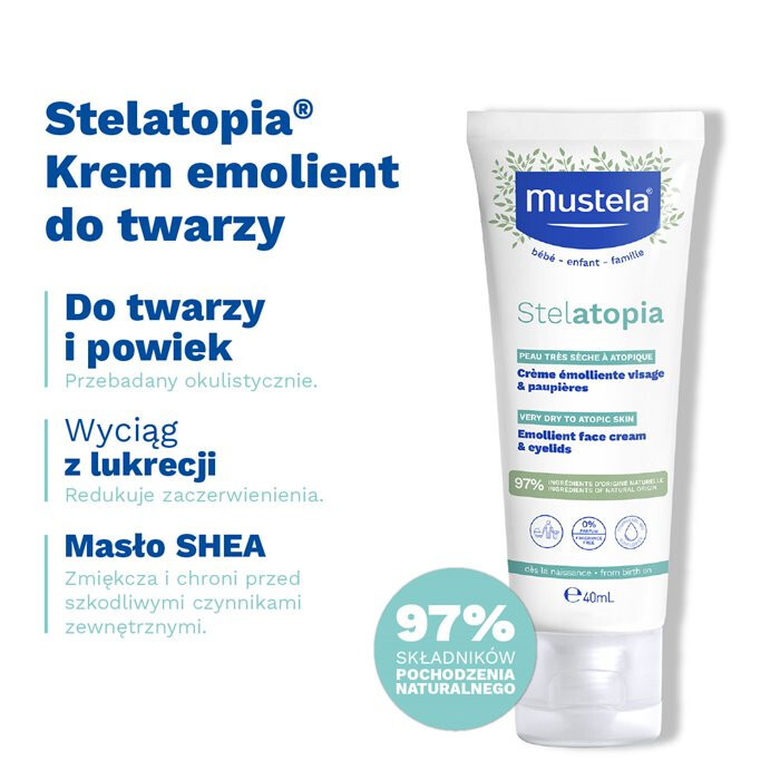 Mustela Stelatopia krem emolientowy do twarzy na skórę atopową, 40 ml