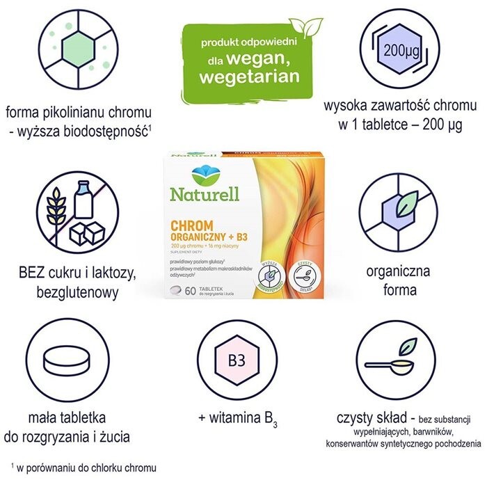 Naturell Chrom Organiczny + B3 tabletki do żucia, 60 szt.
