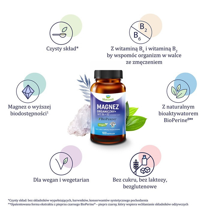 Naturell Magnez organiczny + witaminy B6 i B2 kapsułki, 100 szt.
