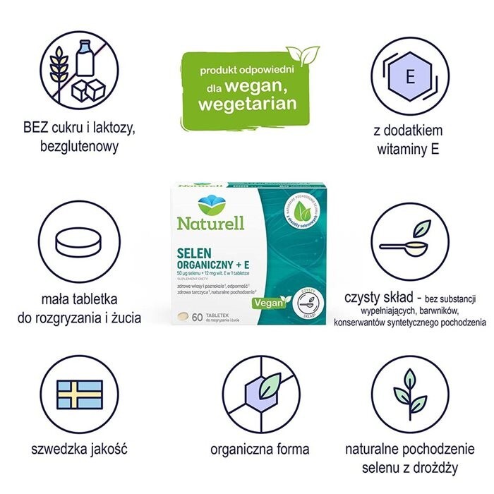 Naturell Selen Organiczny + E tabletki do rozgryzania i żucia, 60 szt.