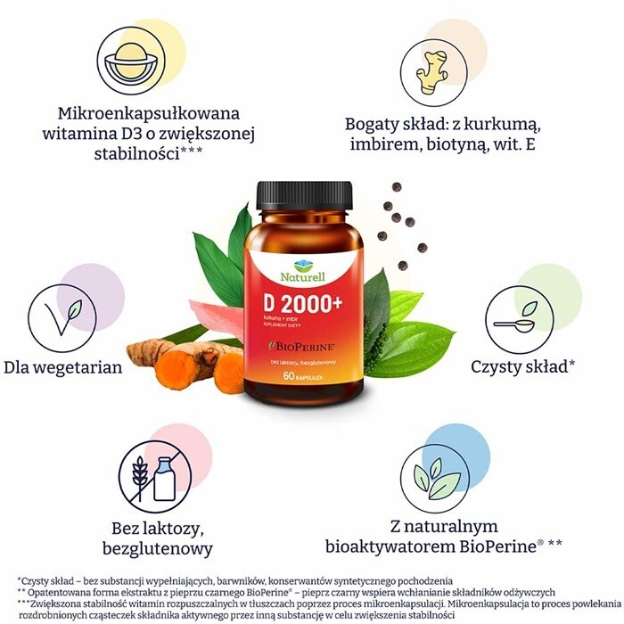 Naturell Witamina D 2000+ kapsułki z kurkumą i imbirem, 60 szt.