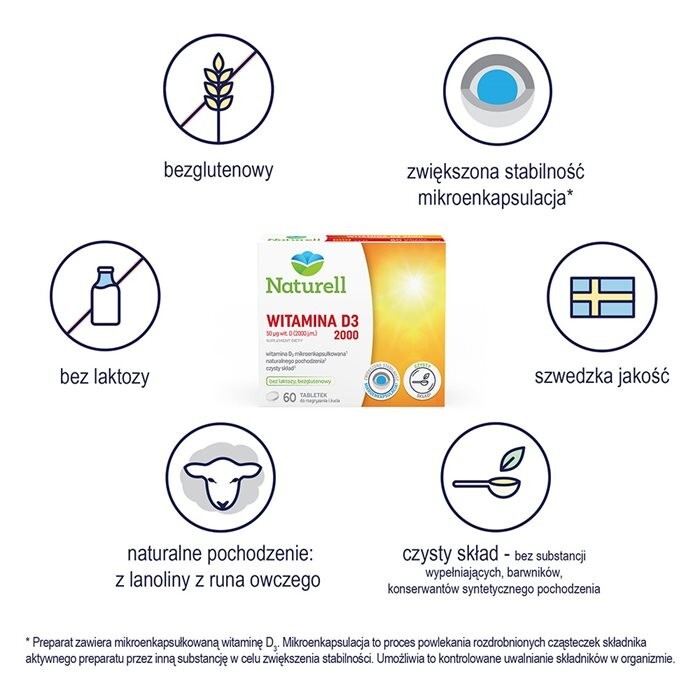 Naturell Witamina D3 2000 tabletki do rozgryzania i żucia , 60 szt.