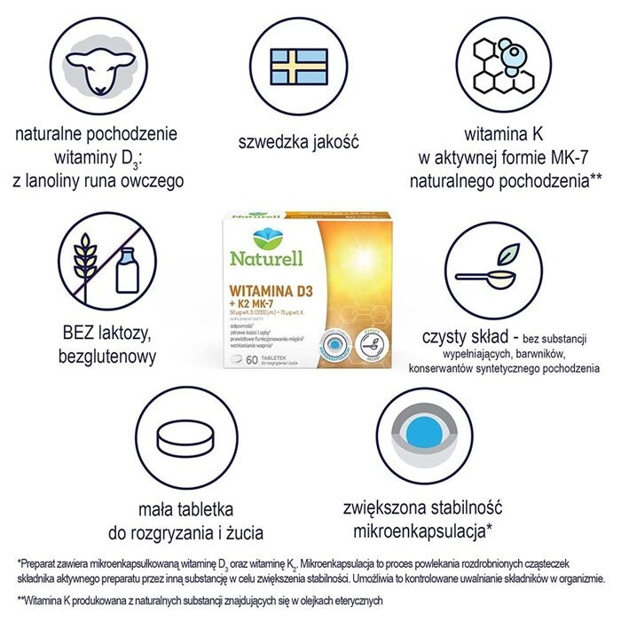 Naturell Witamina D3+K2 MK-7 60 tabletek do rozgryzania i żucia