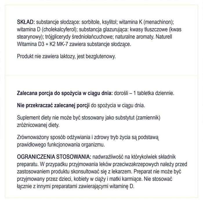 Naturell Witamina D3+K2 MK-7 60 tabletek do rozgryzania i żucia