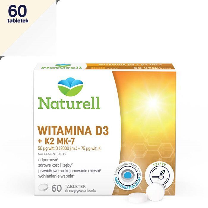Naturell Witamina D3+K2 MK-7 60 tabletek do rozgryzania i żucia