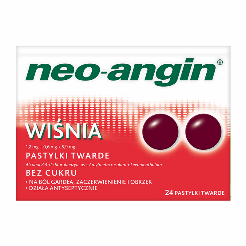 Neo-angin Wiśnia pastylki twarde do ssania bez cukru, 24 szt.