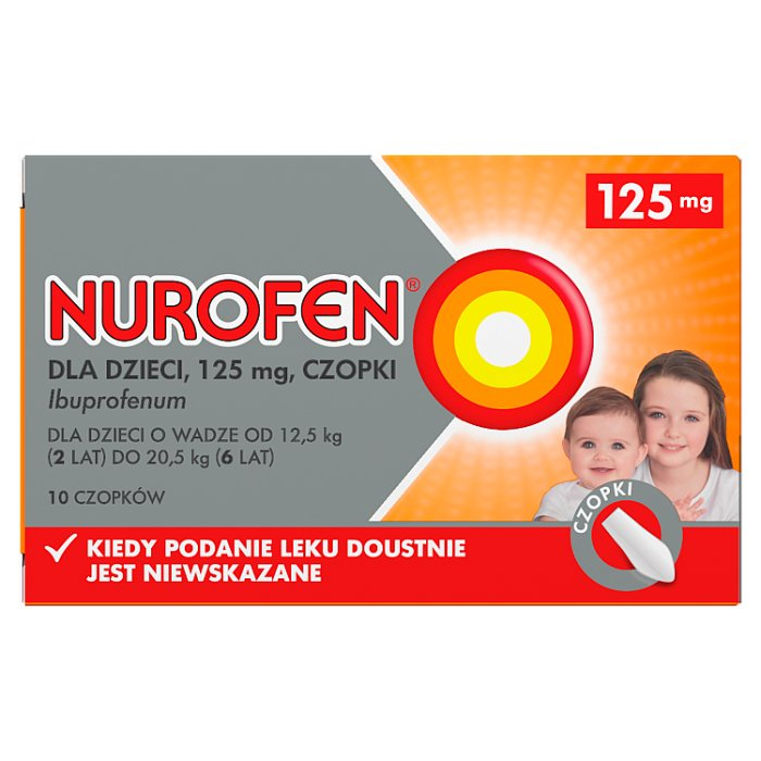 Nurofen dla dzieci czopki ibuprofen 125 mg leki przeciwbólowe od 2 lat lub 12,5 kg 10 szt