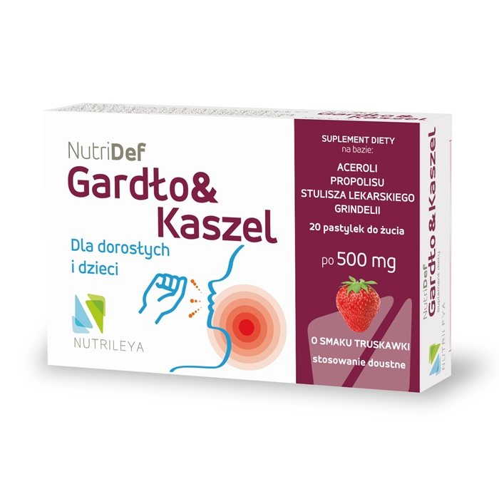 NutriDef Gardło & Kaszel pastylki do żucia o smaku truskawkowym, 20 szt.