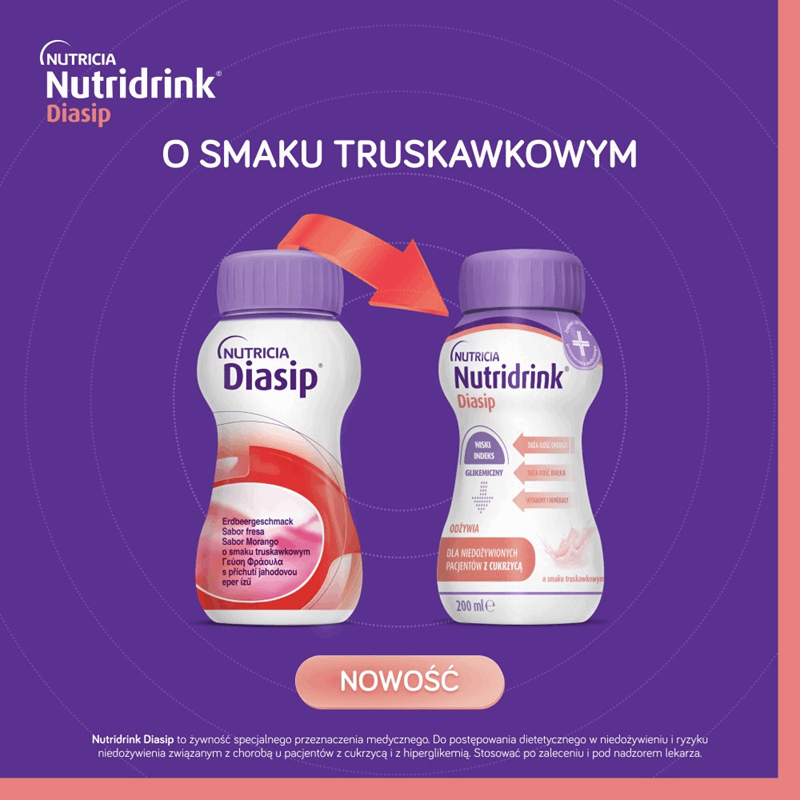 Nutridrink Diasip preparat odżywczy o smaku truskawkowym, 4 szt. x 200 ml